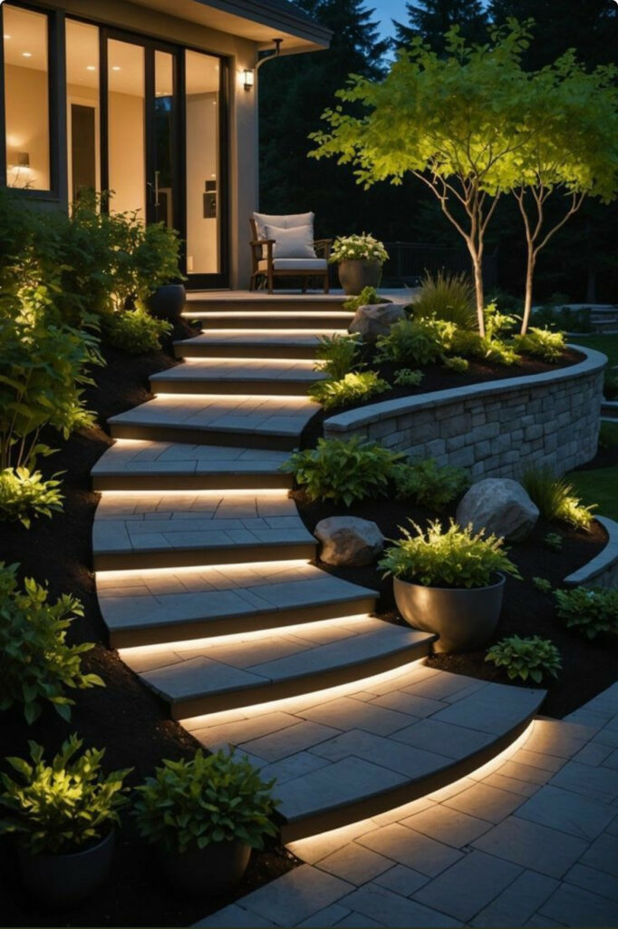 Curved stone landscape steps with integrated LED lighting, modern retaining wall, and lush greenery leading to a contemporary patio entrance.