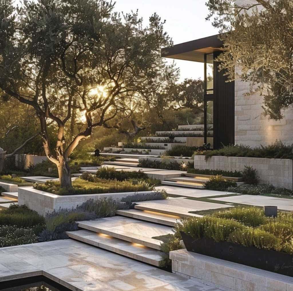 Modern tiered landscape with wide stone floating steps, built-in lighting, Mediterranean trees, and layered plant beds on a hillside.