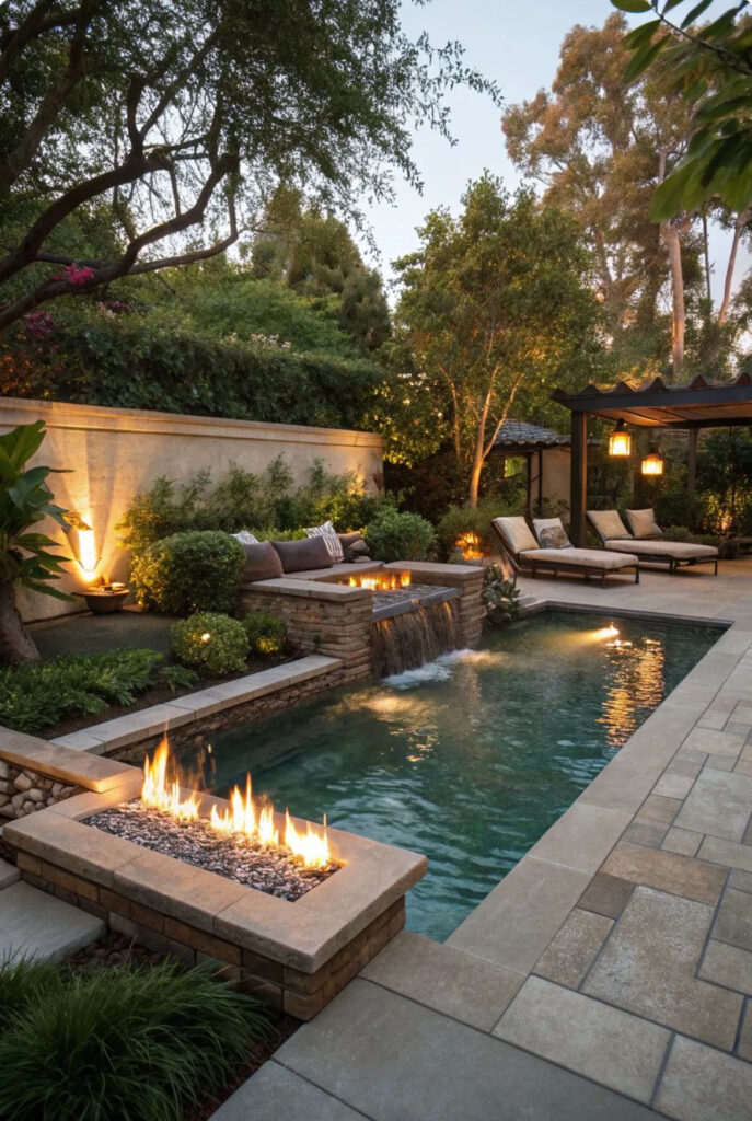Luxury backyard pool with fire feature, waterfall, lounge seating, and ambient evening lighting.