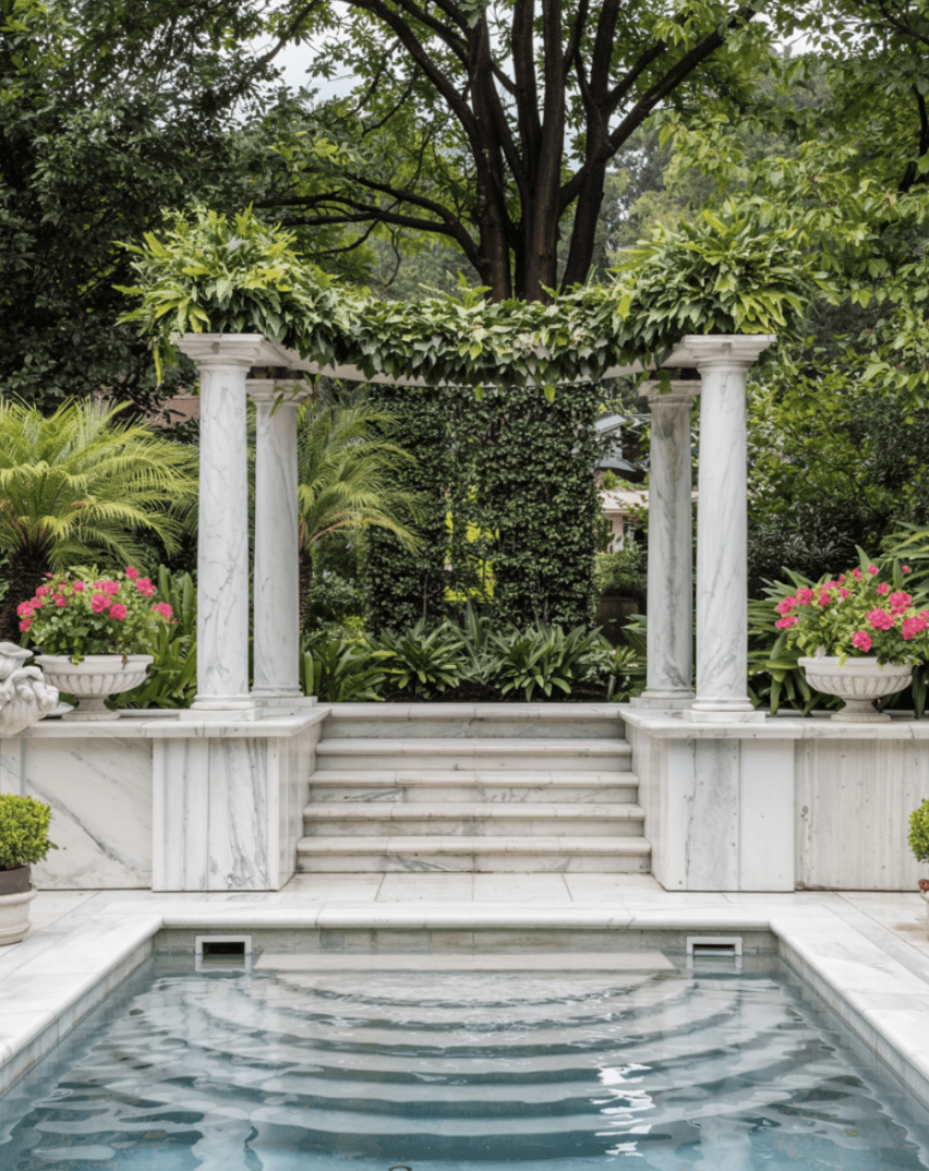 Elegant marble pergola with lush greenery and symmetrical planters overlooking a serene swimming pool in a private garden.