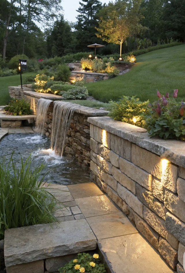 Tiered stone retaining walls with built-in waterfall, landscape lighting, and lush greenery on a sloped backyard