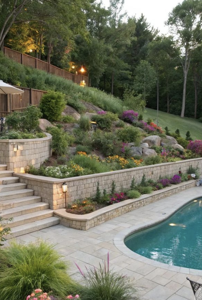 Multi-level stone retaining walls with garden beds and stairs leading to a curved backyard pool on a sloped landscape