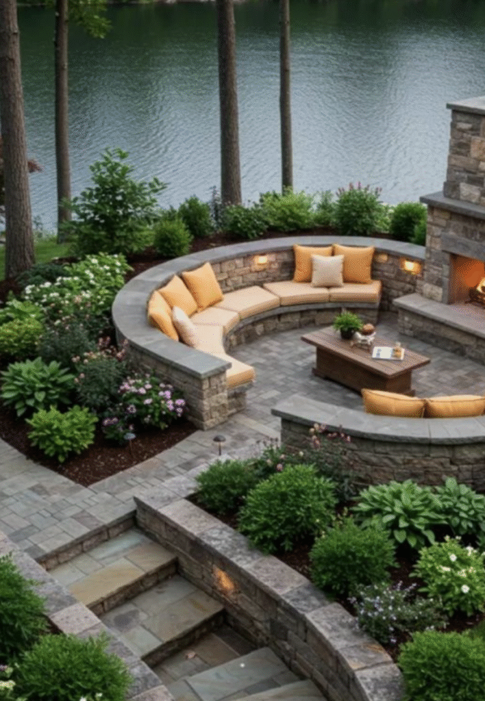 Curved stone sunken patio with built-in seating, fireplace, and vibrant landscaping overlooking a serene lake