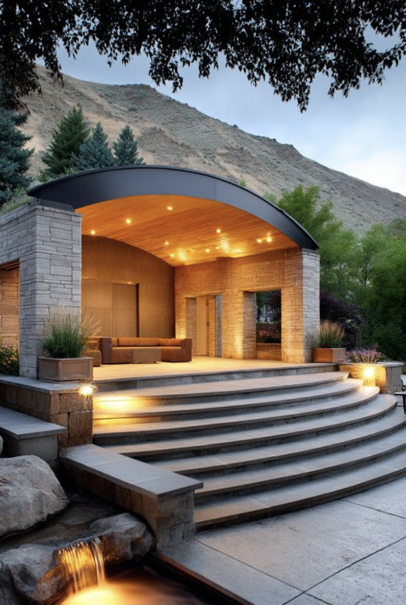 Modern outdoor pavilion with curved stone steps, arched wooden ceiling, and waterfall feature at the base of a terraced hillside