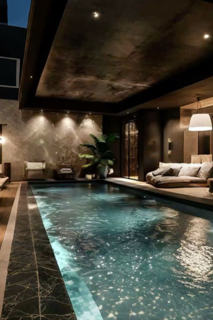 Modern indoor pool with black marble accents, moody lighting, and luxury lounge seating under a dramatic ceiling.