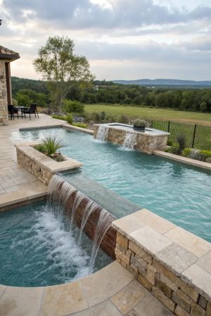 Luxury backyard pool with stone spa, waterfall spillovers, and panoramic countryside view.