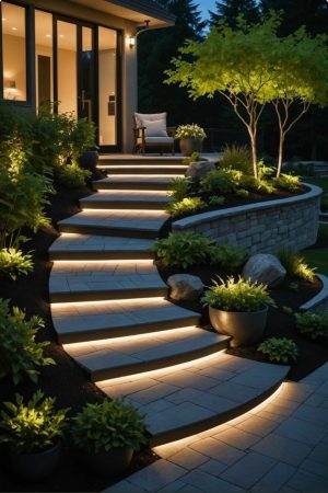 Curved stone landscape steps with integrated LED lighting, modern retaining wall, and lush greenery leading to a contemporary patio entrance.