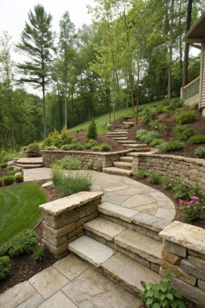 Stone garden steps with tiered retaining walls and vibrant landscaping on a sloped backyard.