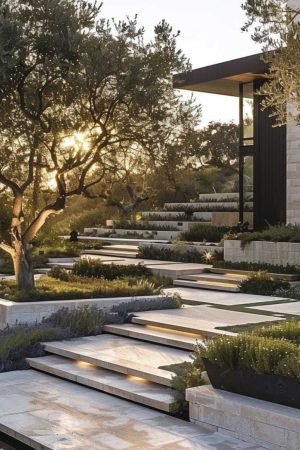 Modern tiered landscape with wide stone floating steps, built-in lighting, Mediterranean trees, and layered plant beds on a hillside.