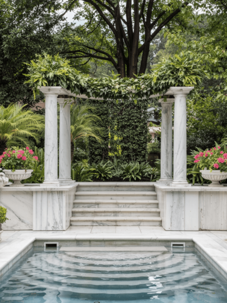 Marble Pool Elegant marble pergola with lush greenery and symmetrical planters overlooking a serene swimming pool in a private garden.