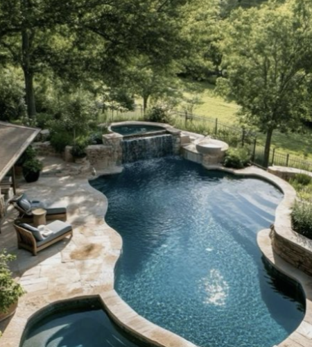 Elegant marble pergola and tiered steps leading to a luxury backyard pool, surrounded by greenery and classical planters