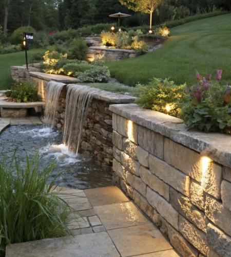 Tiered stone retaining walls with built-in waterfall, landscape lighting, and lush greenery on a sloped backyard