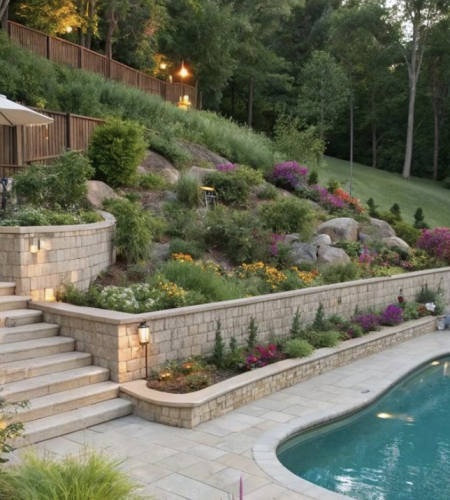 Multi-level stone retaining walls with garden beds and stairs leading to a curved backyard pool on a sloped landscape