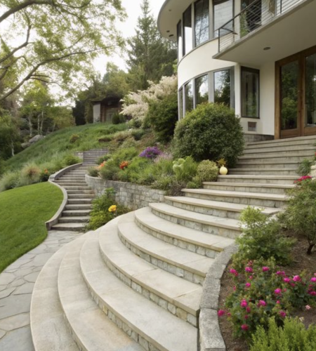 Curved stone steps with tiered retaining walls and lush garden beds leading up to a modern hillside home