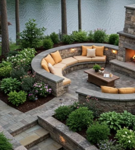 Curved stone sunken patio with built-in seating, fireplace, and vibrant landscaping overlooking a serene lake