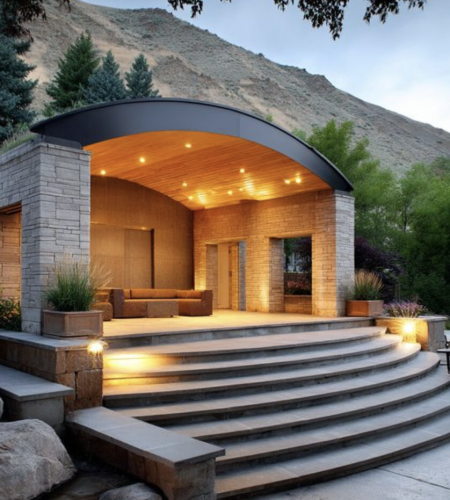Modern outdoor pavilion with curved stone steps, arched wooden ceiling, and waterfall feature at the base of a terraced hillside